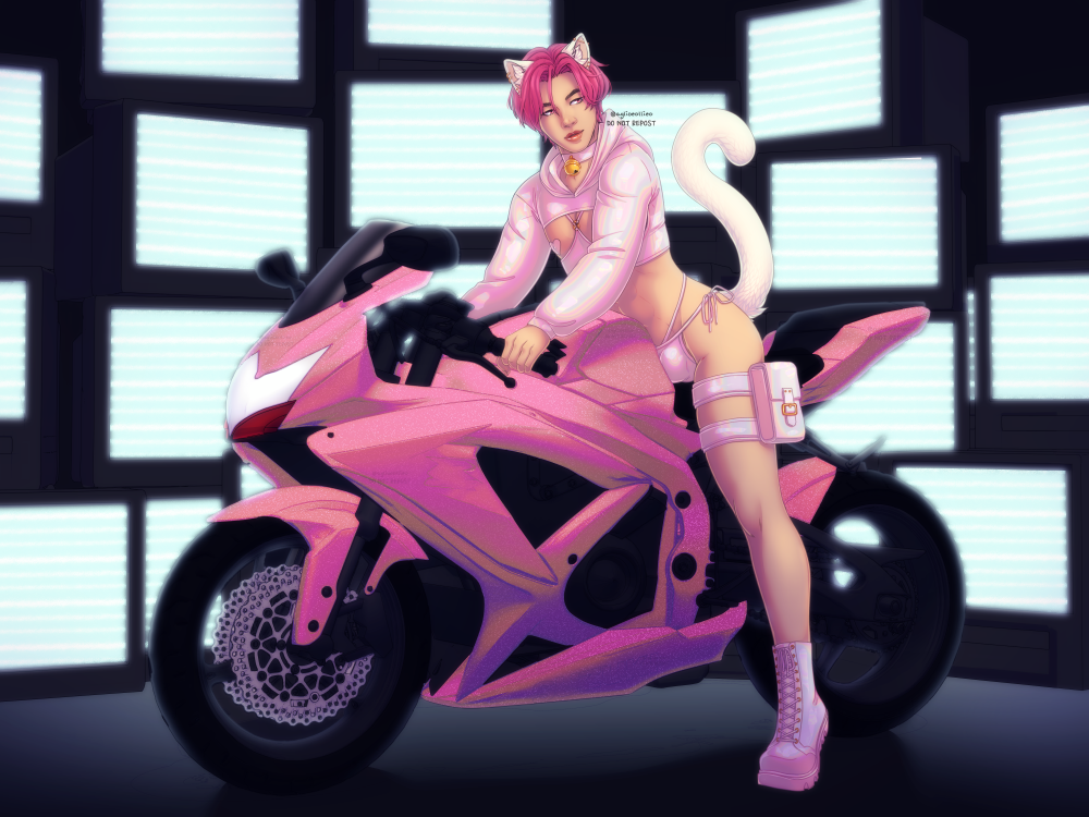 jimin with pink hair and white cat ears and tail wearing a pink holographic outfit of sleeves with a hood, heart dhaped nipple pasties, a pink holographic thong, and pink holographic boots. He is on a pink and black motorbike. Behind him are a stack of crt tvs showing static screens.