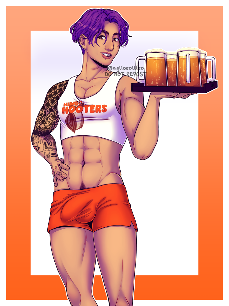a drawing of purple haired jungkook in a white crop top that has the hooters logo and says 'himbo hooters', and some tight, short orange shorts. he is holding a teay with 4 mugs of beer on one hand and the other hand is on his hip