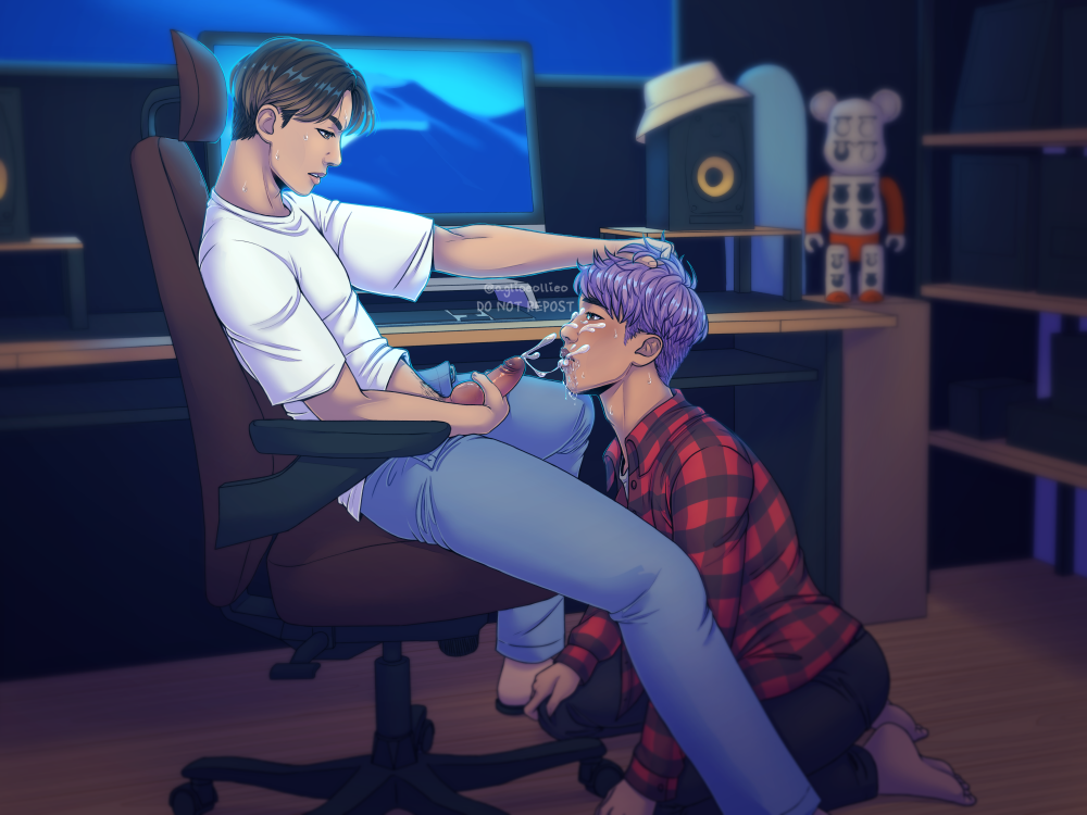namjoon and hoseok in the studio, hoseok sitting in his computer chair with namjoon kneeling between his legs. hoseok's knoted alpha cock is out, cum spurting on namjoon's face as he holds namjoon's head in place by his hair