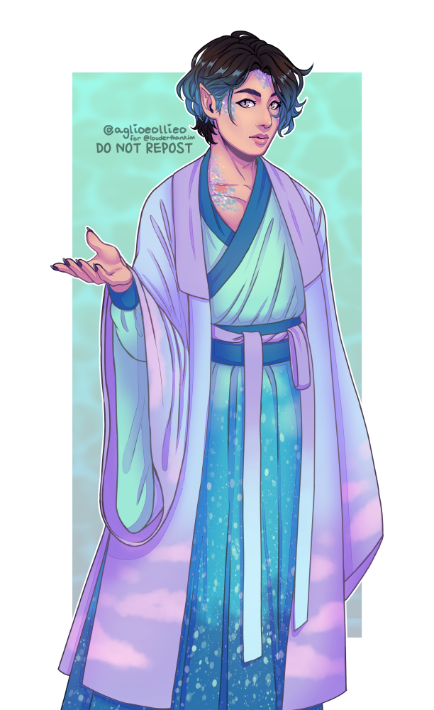 jungkook with dark hair wavy with blue tips. he has pointed ears, pale eyes with vertical slit pupils, and irridescent blue scales on his foreheadm cheeks and neck. he has long dark nails that are pointed. he is wearing a purple and blue traditional clothing