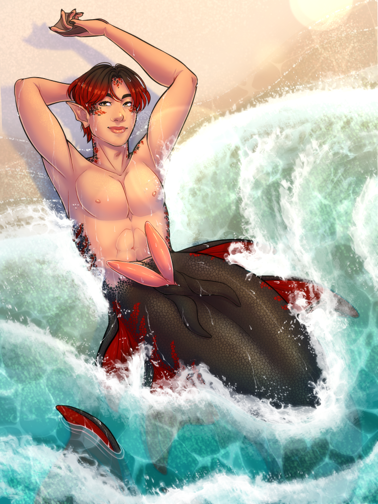 bts hoseok drawn as a merman he is laying where the water meets the waves, water splashing up onto his tai. his tail is black with red find, and his hair is black with red tips. he has red and black scales up his sides where his gills are, on his upper cheeks, forehead and neck and shoulders. he has webbed hands with black webbing and nails