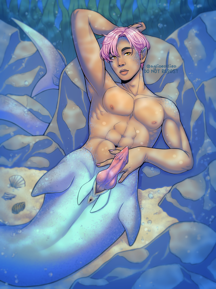 pink haired jin as a shark merman laying on the ocean floor against a rock with light filtering through the water on to him. he has a knotted cock with soft fleshy barbs around the rim of the crown, poking out of a dick pouch.