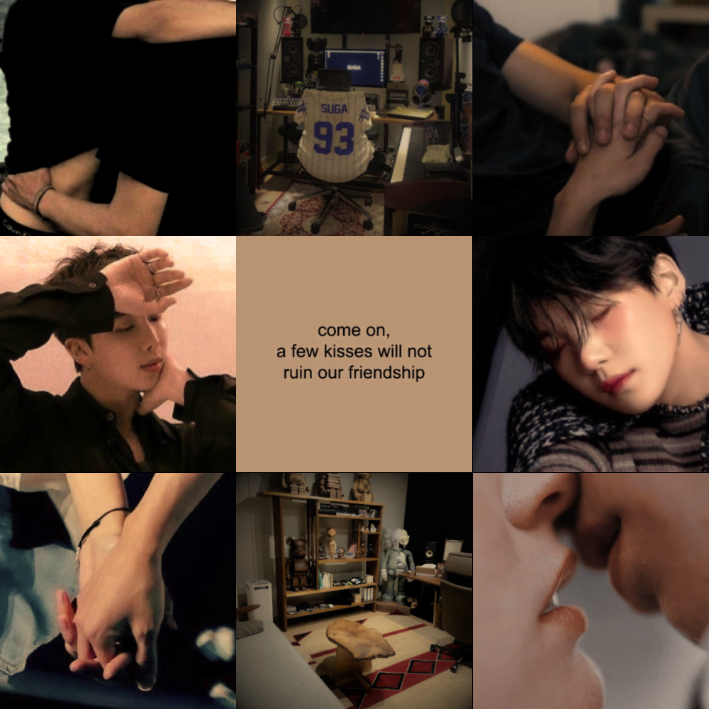 Top row: two people pressed front to front, one sliding a hand up the others black tshirt, yoongi's studio setup with a chair and a 'SUGA 93' jersey draped over it, and a close up of two people holding hands with laced fingers. Middle row: Namjoon posing with his hand on his forehead, beige text on a tan background reading 'come on, a few kisses will not ruin our friendship,' and another Yoongi resting with eyes closed. Bottom row: a close-up of two people holding hands, namjoon's studio with figures and wooden furniture, and a cropped image of two people about to kiss.