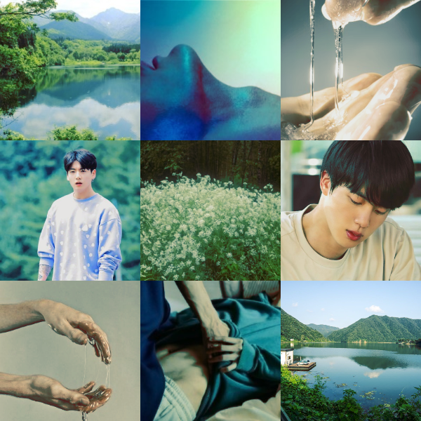 a 3x3 moodboard showing a verdant green forest bordering a blue lake, a blue tones close up of a mans lips chin and neck from the side, hands with viscous clear liquid dripping between them, jungkook in a blue polkadot sweater looking onfused with his mouth open, small white flower clusters, seokjin looking down, hands with viscous clear liquid dripping between them, one man laying on his back in a grenish sweater and grey sweatpants as the other man on top of him pushes up the sweater exposing the bottoms midrif it is cropped to show just the torso nad hips, the in the soop season 1 lake house and lake