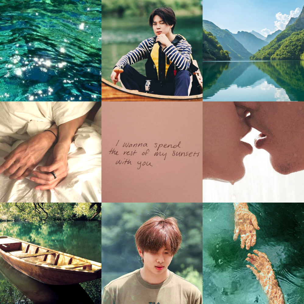 Top left: sparkling clear turquoise water in sunlight. Top center: Jimin from in the soop in a striped shirt and life vest sitting in a wooden boat on a lake. Top right: a serene lake surrounded by green mountains under a clear blue sky. Middle left: two people holding hands in bed under white sheets, one wearing a black ring. Middle center: handwritten note on pink paper reads, I wanna spend the rest of my sunsets with you. Middle right: a close-up of two people about to kiss, water dripping between them. Bottom left: a wooden boat floating peacefully on a green lake surrounded by trees. Bottom center: Namjoon from in the soop with reddish-brown hair and a calm expression standing outdoors. Bottom right: two hands underwater, glowing with sunlight rippling on the surface.