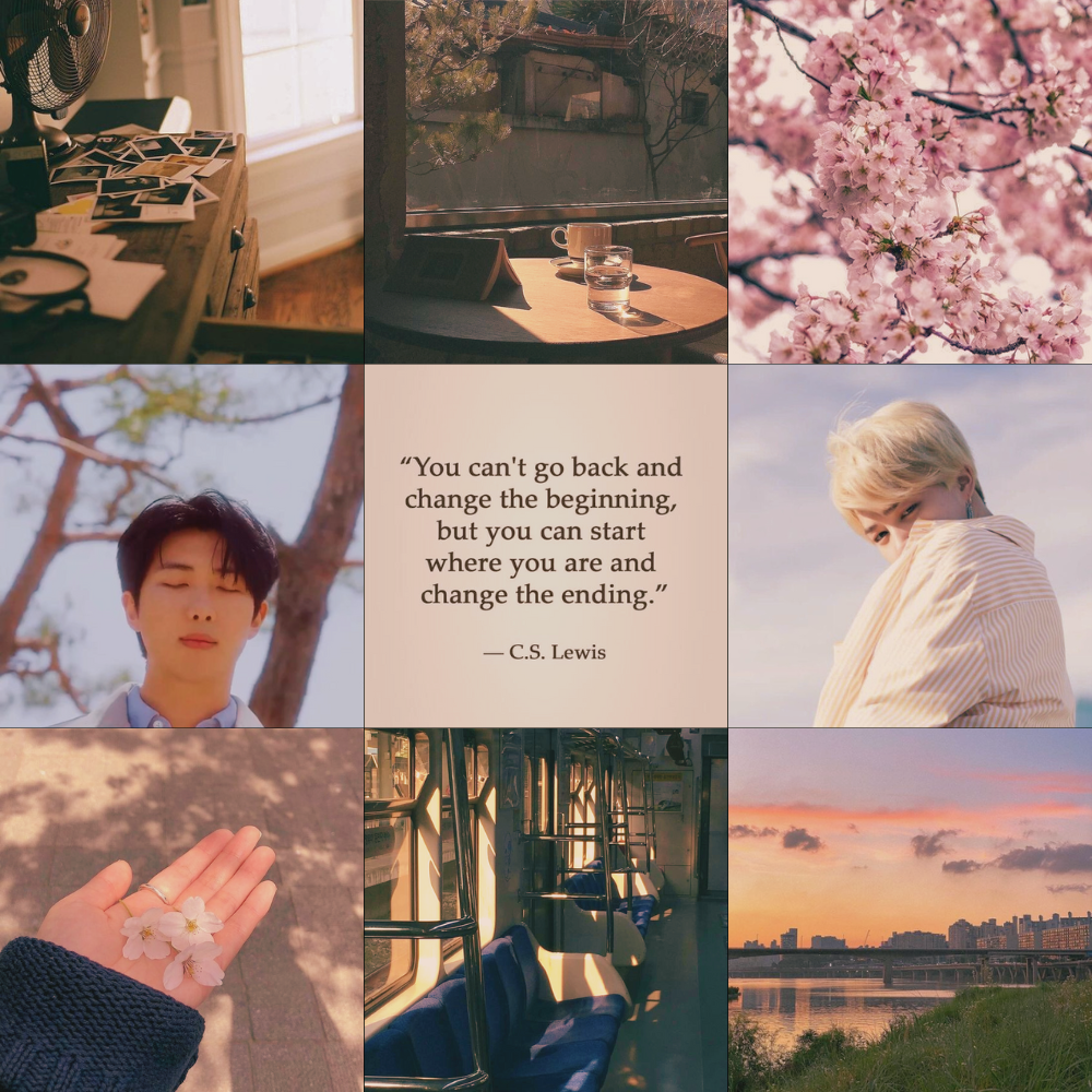 Top row: scattered polaroids on a chest of drawers, a cosy café with coffee and a book, and blooming cherry blossoms. Middle row: Namjoon standing peacefully with eyes closed beneath a tree, a quote by C.S. Lewis reading, 'You can't go back and change the beginning, but you can start where you are and change the ending,' and Jimin partially hidden behind a striped shirt, looking softly at the camera. Bottom row: a hand holding delicate cherry blossoms, an empty sunlit train interior, and a calm riverside cityscape at sunset.