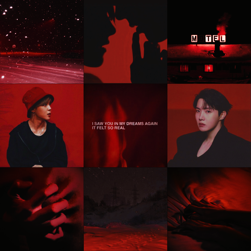 top row shows falling snow on a red-lit road, two people about to kiss in silhouette, and a neon motel sign; middle row has Jimin wearing a red bucket hat, a quote reading 'I saw you in my dreams again, it felt so real', and J-Hope in a dark blazer against a red backdrop; bottom row includes fingers digging into skin in red lighting, a snow-covered landscape with electric towers, and hands clasped one on top fo the other on red lit sheets.